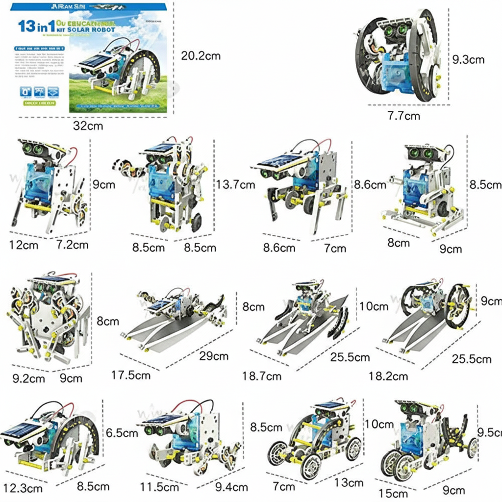 13-in-1 solar robot kit with various robot models and dimensions displayed.