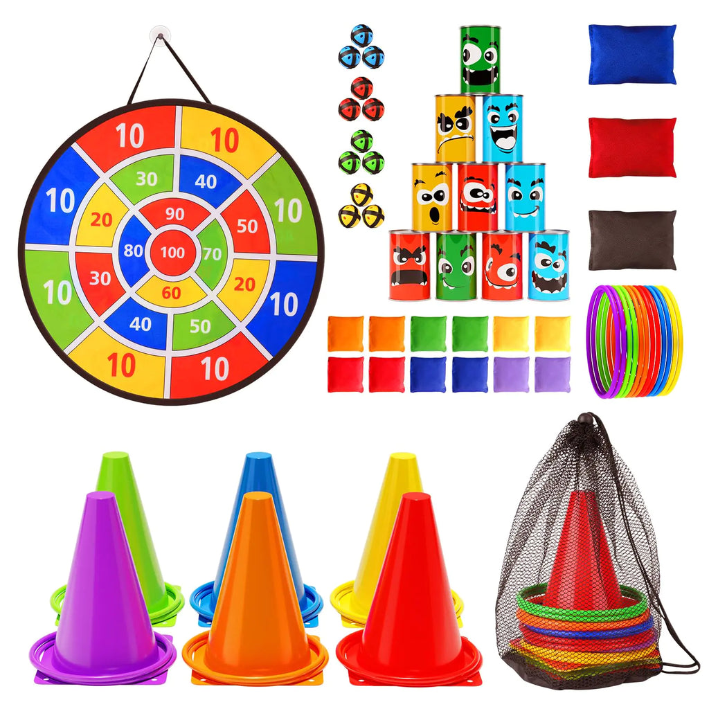 Carnival Games Combo Set – 58-Piece Bean Bag Toss, Dart Board & Knockdown Cans Party Pack