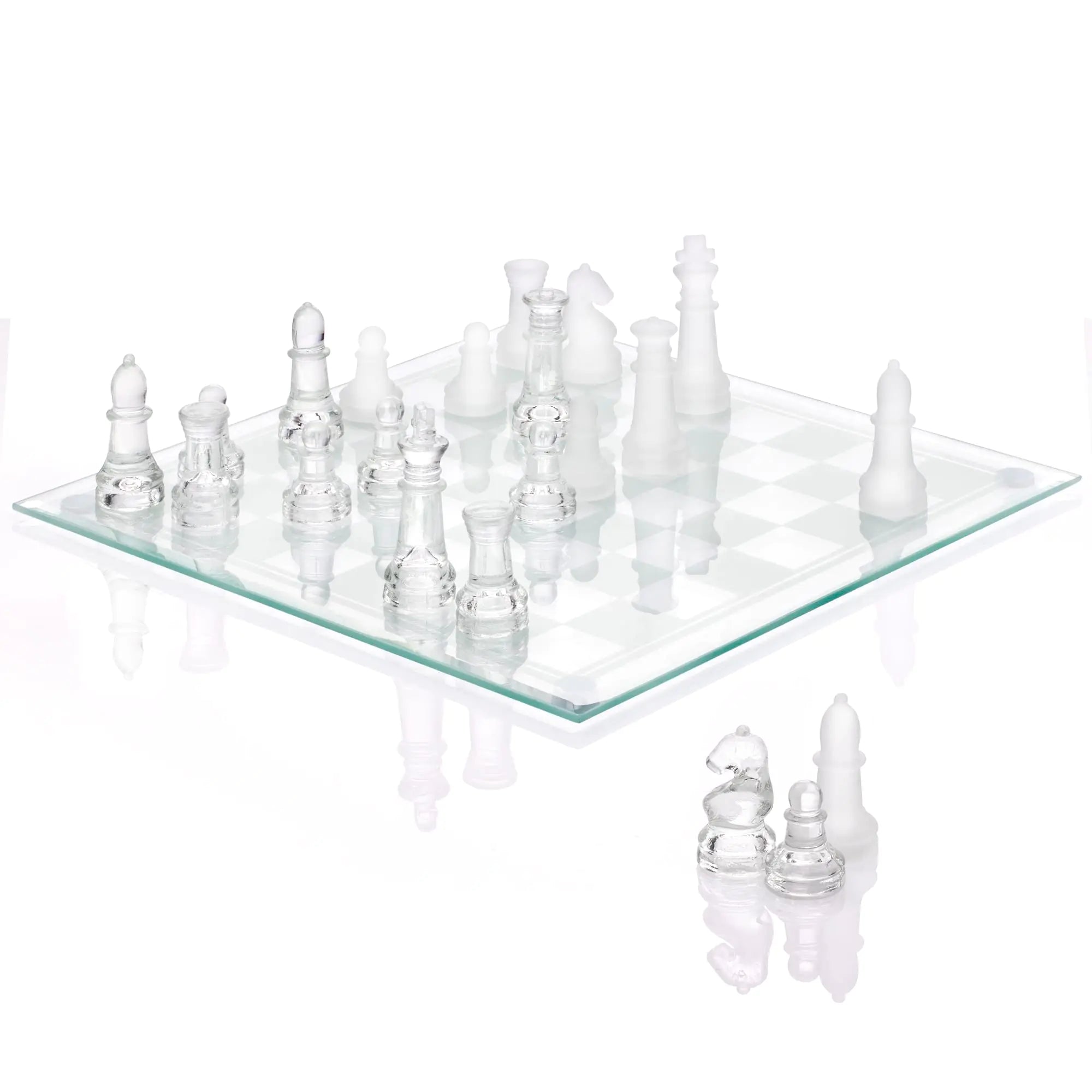 Srenta Fine Glass Chess Set – Modern Clear Deluxe Chess Set with 9.7" Crystal Glass Board, Frosted & Solid Clear Pieces, Felt Padding Included