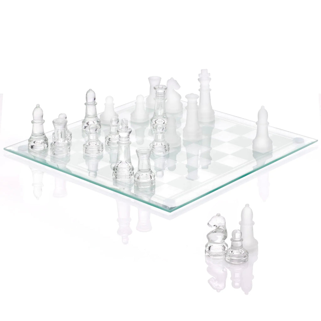 Srenta Fine Glass Chess Set – Modern Clear Deluxe Chess Set with 9.7" Crystal Glass Board, Frosted & Solid Clear Pieces, Felt Padding Included