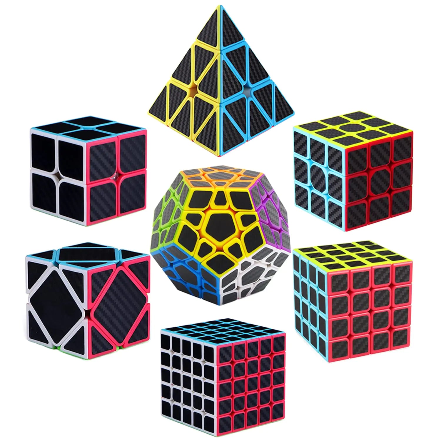 7 Pack Carbon Fiber Speed Cube Set – 2x2, 3x3, 4x4, Megaminx, Mirror, Windmill & Pyramid Magic Cubes for Kids & Adults