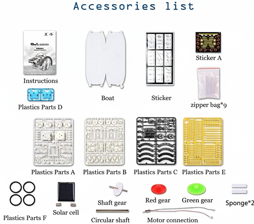 List of accessories including a boat, stickers, plastic parts, and gears on a white background.