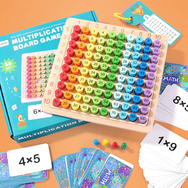 Colorful multiplication board game with cards and dice on a wooden surface