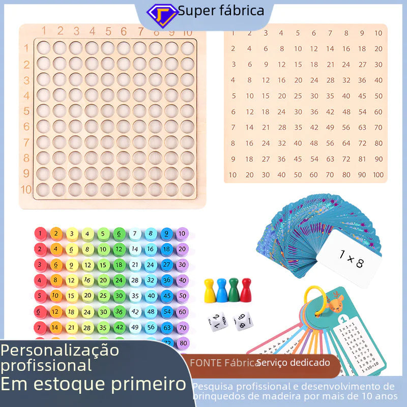 Educational materials including a pegboard, colorful number cards, game pieces, dice, and a chart with numbers.