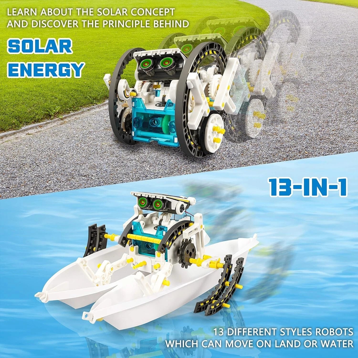 Solar-powered robot toy set with land and water capabilities on a road and water surface.
